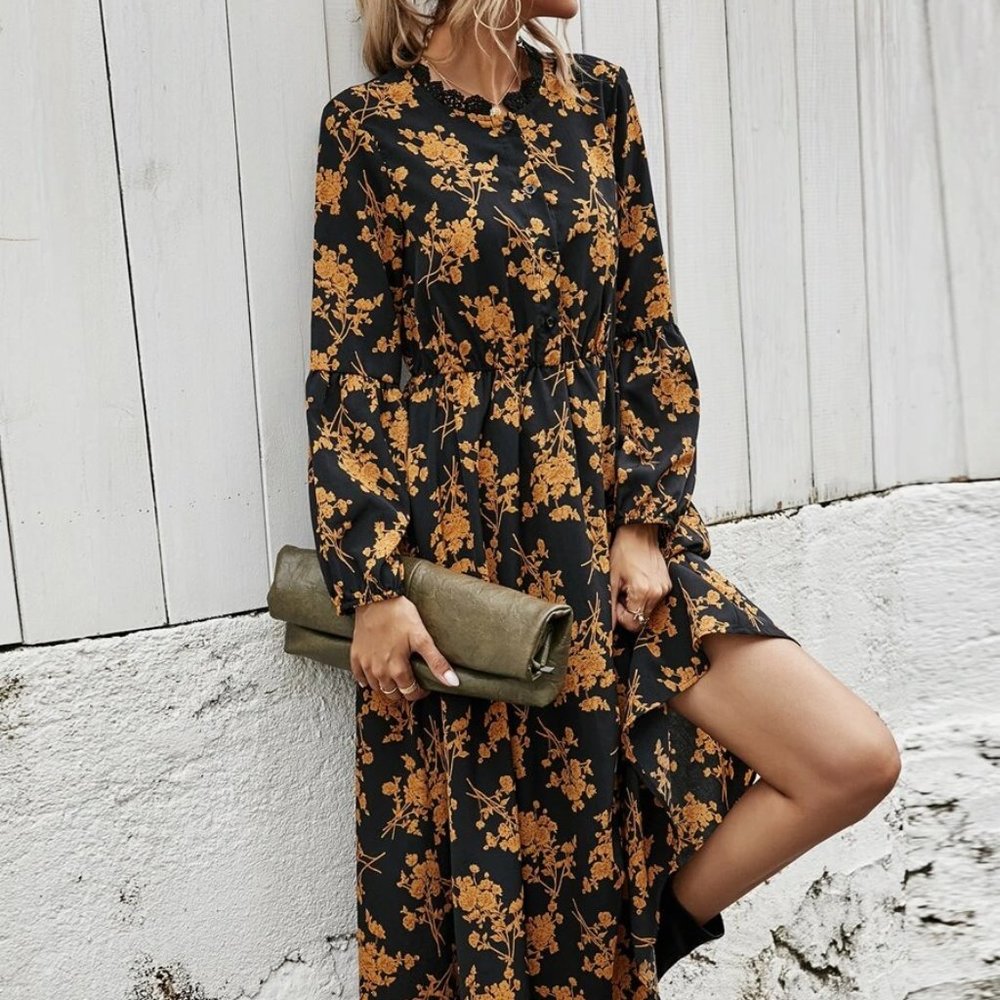 Allover Floral Lace Trim Button Up Shirt Dress - Picture 2 of 5